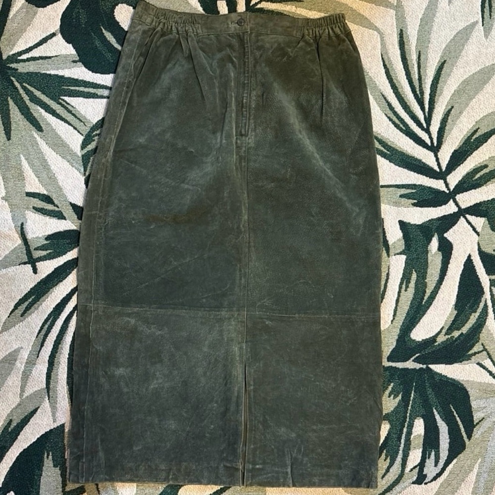 Vintage Fashion Bug Dark Green suede, leather maxi skirt